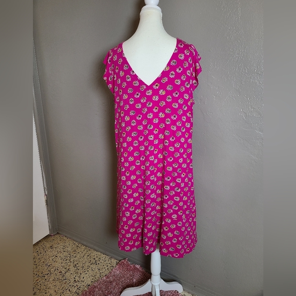 LOFT Hot Pink Floral V-Neck Midi Comfy Swing Dress EUC Plus Size 14 - Picture 4 of 10